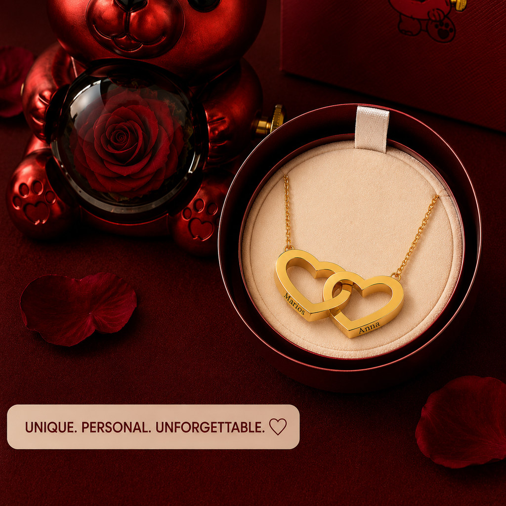 Forever Rose Engraved Double Heart Necklace Bear Box