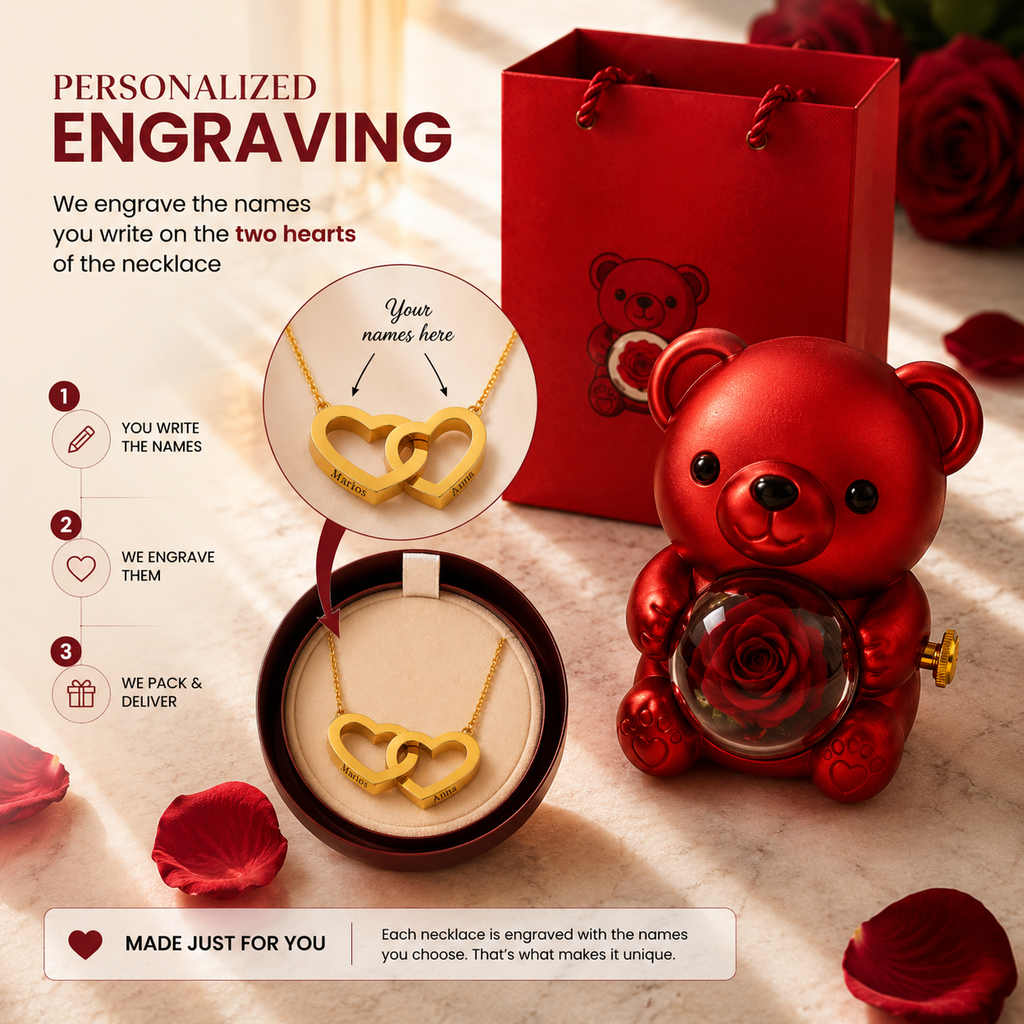 Forever Rose Engraved Double Heart Necklace Bear Box