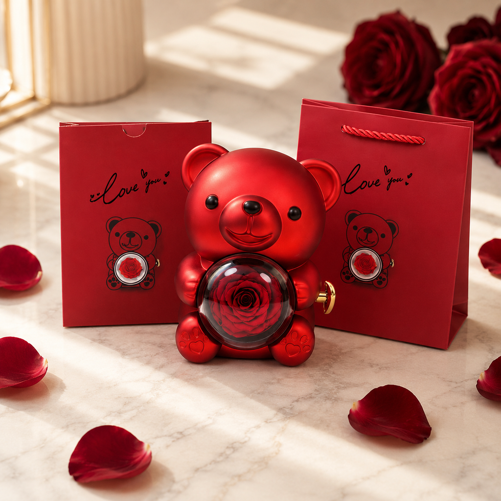Forever Rose Engraved Double Heart Necklace Bear Box