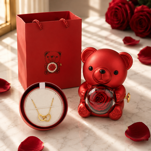 Forever Rose Engraved Double Heart Necklace Bear Box