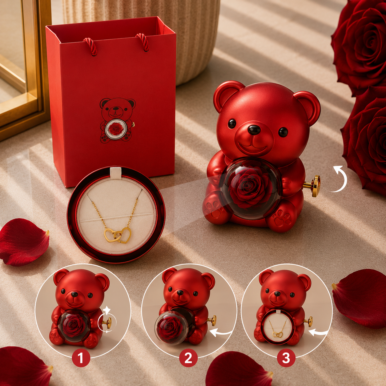 Forever Rose Engraved Double Heart Necklace Bear Box