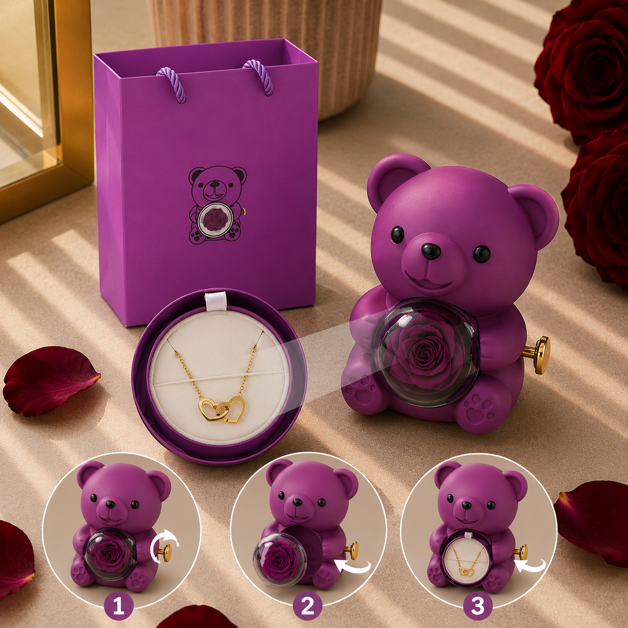 Forever Rose Engraved Double Heart Necklace Bear Box