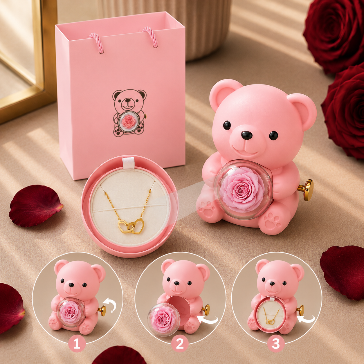 Forever Rose Engraved Double Heart Necklace Bear Box
