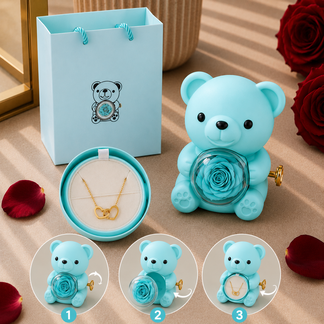 Forever Rose Engraved Double Heart Necklace Bear Box