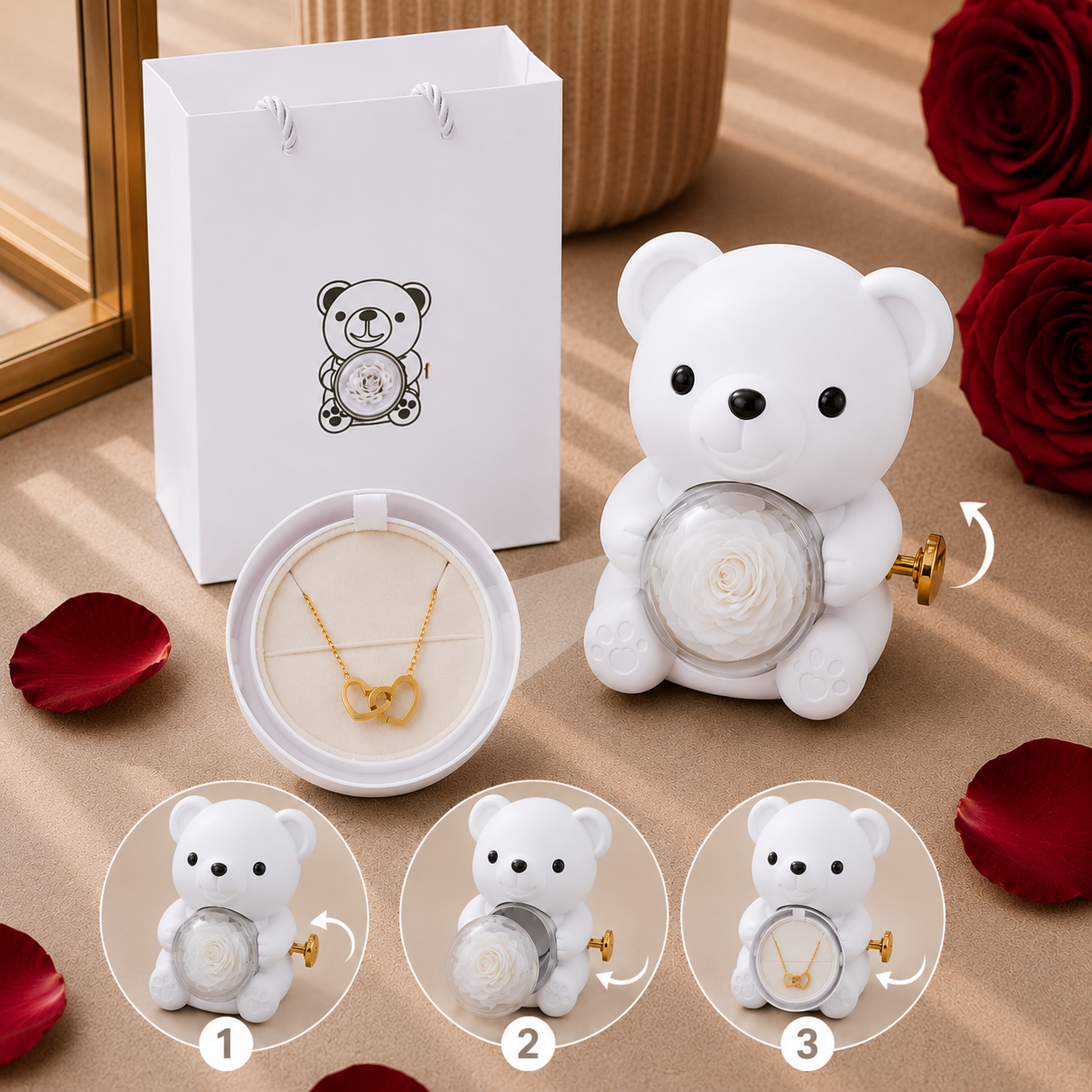 Forever Rose Engraved Double Heart Necklace Bear Box